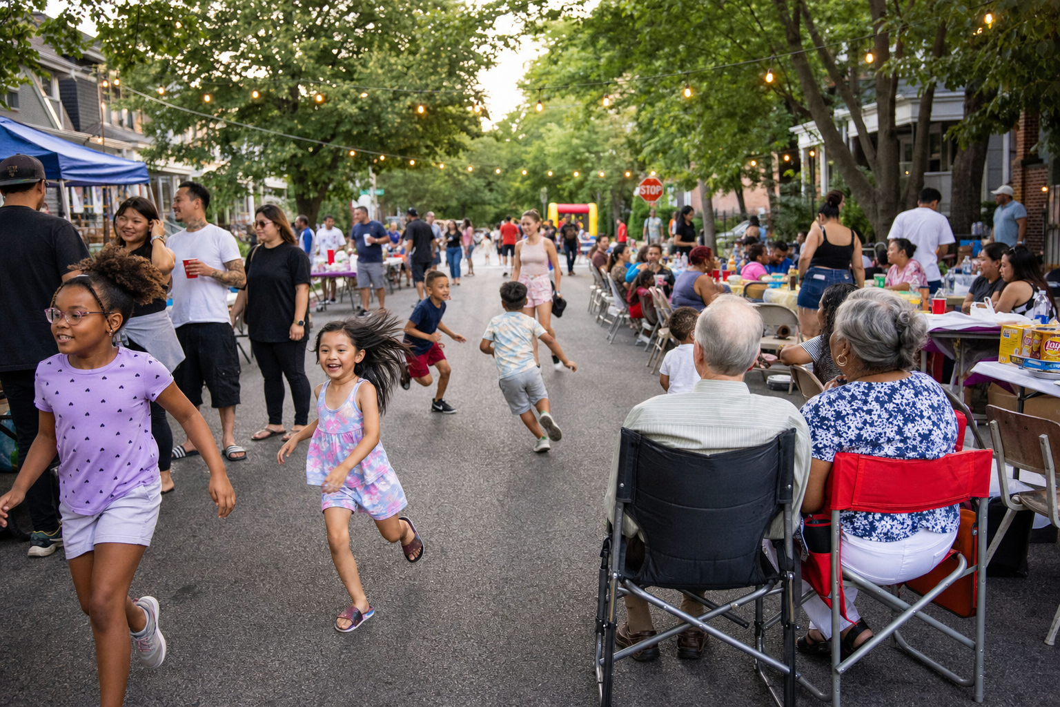 Diverse neighborhood block party with families, children, and elders celebrating together