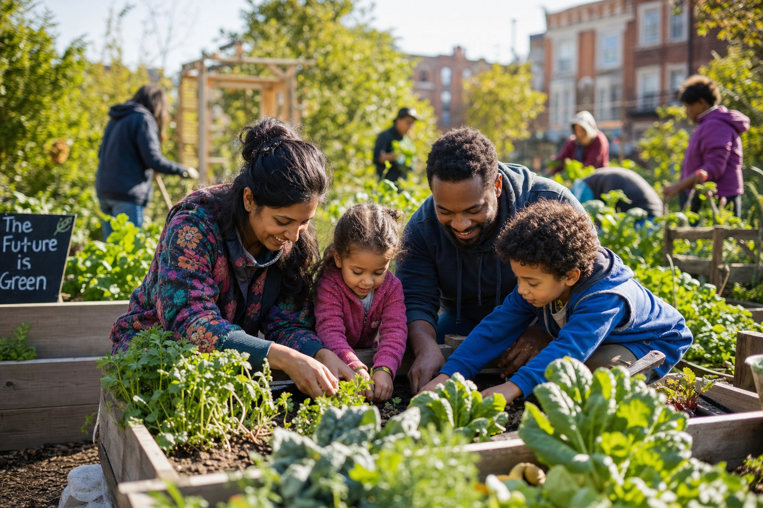 Multiracial family working together in a community garden