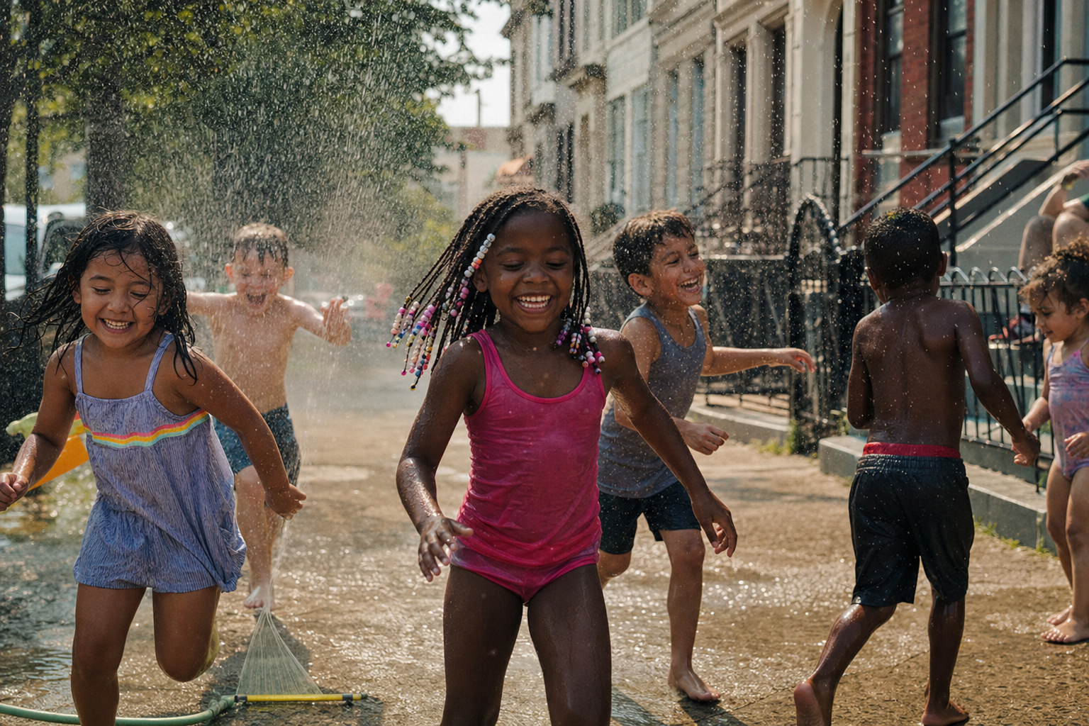 Young Black girl in a bathing suit playing joyfully in a summer neighborhood