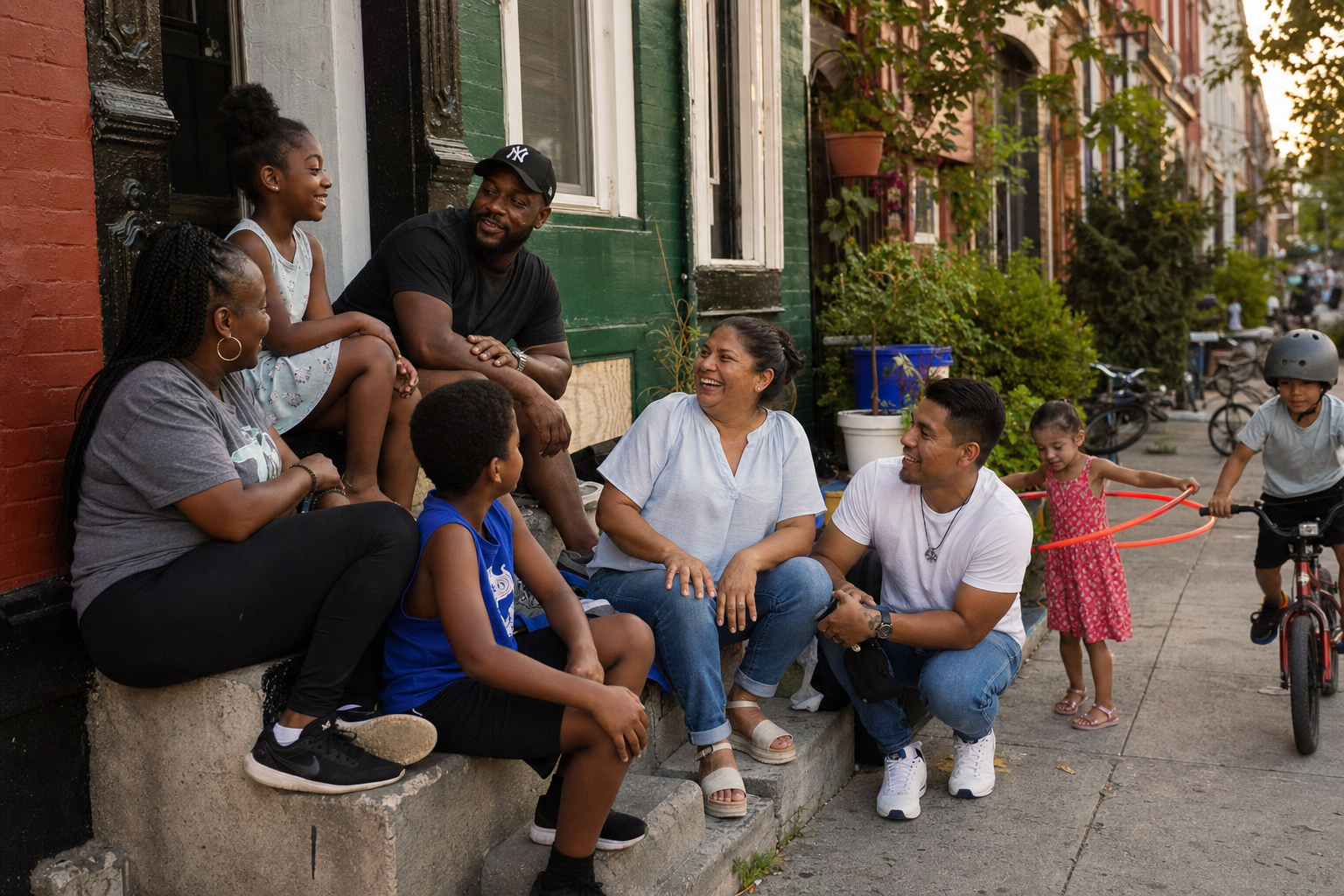 Multiracial neighbors — Black and Latino families — sharing front porch steps on a summer evening